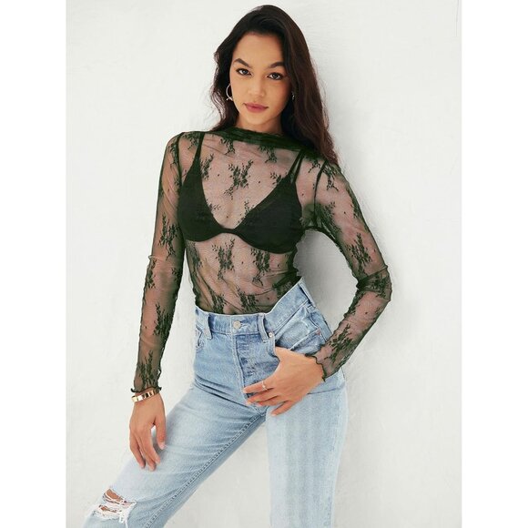 Women's Green Mesh Sheer Lace Long Sleeve Mock Neck Pull On Shirt Blouses - Picture 8 of 8